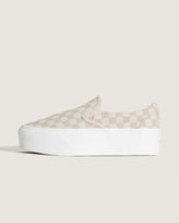 Women Vans Classic Slip-On Platform Checkerboard Shoe in Checkerboard Mushroom Brown / Marshmallow White