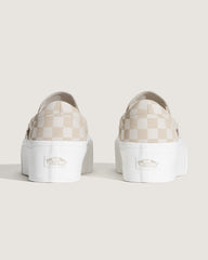 Women Vans Classic Slip-On Platform Checkerboard Shoe in Checkerboard Mushroom Brown / Marshmallow White