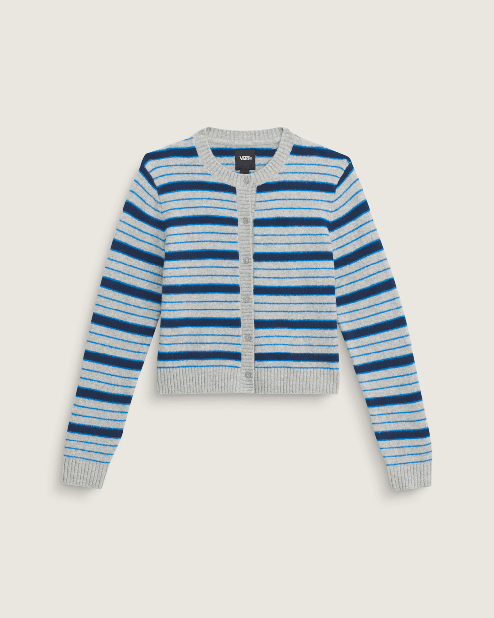 Women Vans Premium Dolly Stripe Cardigan Sweater in Cement Heather Grey / Bright Azure Blue