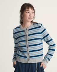 Women Vans Premium Dolly Stripe Cardigan Sweater in Cement Heather Grey / Bright Azure Blue