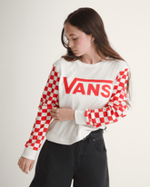 Women Vans Checkerboard Long Sleeve Shirt in Marshmallow White / Red
