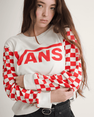 Women Vans Checkerboard Long Sleeve Shirt in Marshmallow White / Red
