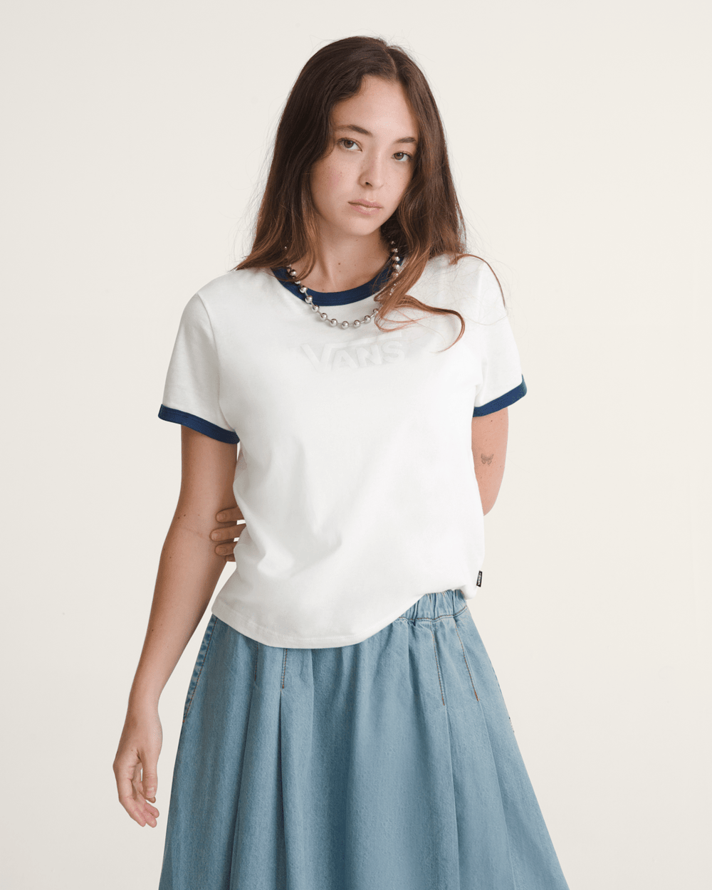 Women Vans Drop V Ringer T-Shirt in Marshmallow White
