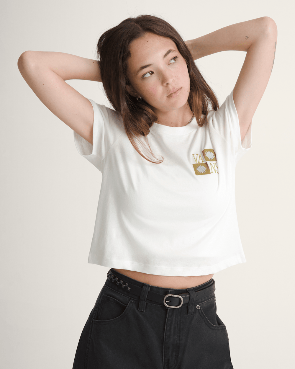 Women Vans Sunny Checkerboard Crop T-Shirt in Marshmallow White