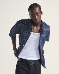 Men Vans Lawson Plaid Button Up Shirt in Parisian Night Blue / Black