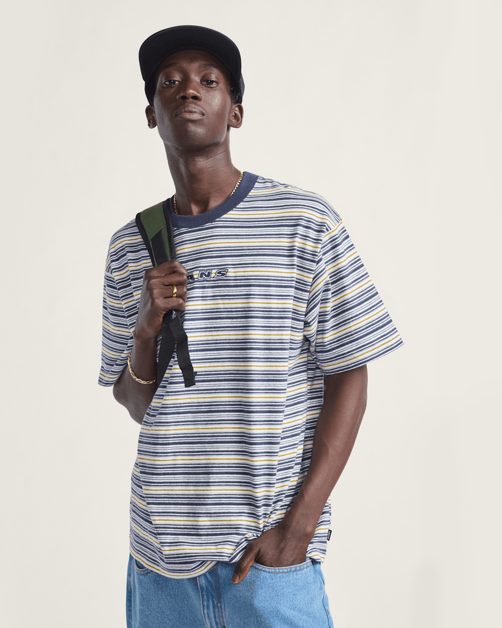 Men Vans Cameron Stripe Shirt in Blue / Marshmallow White