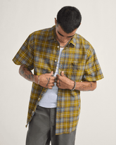 Men Vans Lawson Plaid Button Up Shirt in Burnt Gold Yellow / Stormy Weather Blue