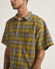 Men Vans Lawson Plaid Button Up Shirt in Burnt Gold Yellow / Stormy Weather Blue