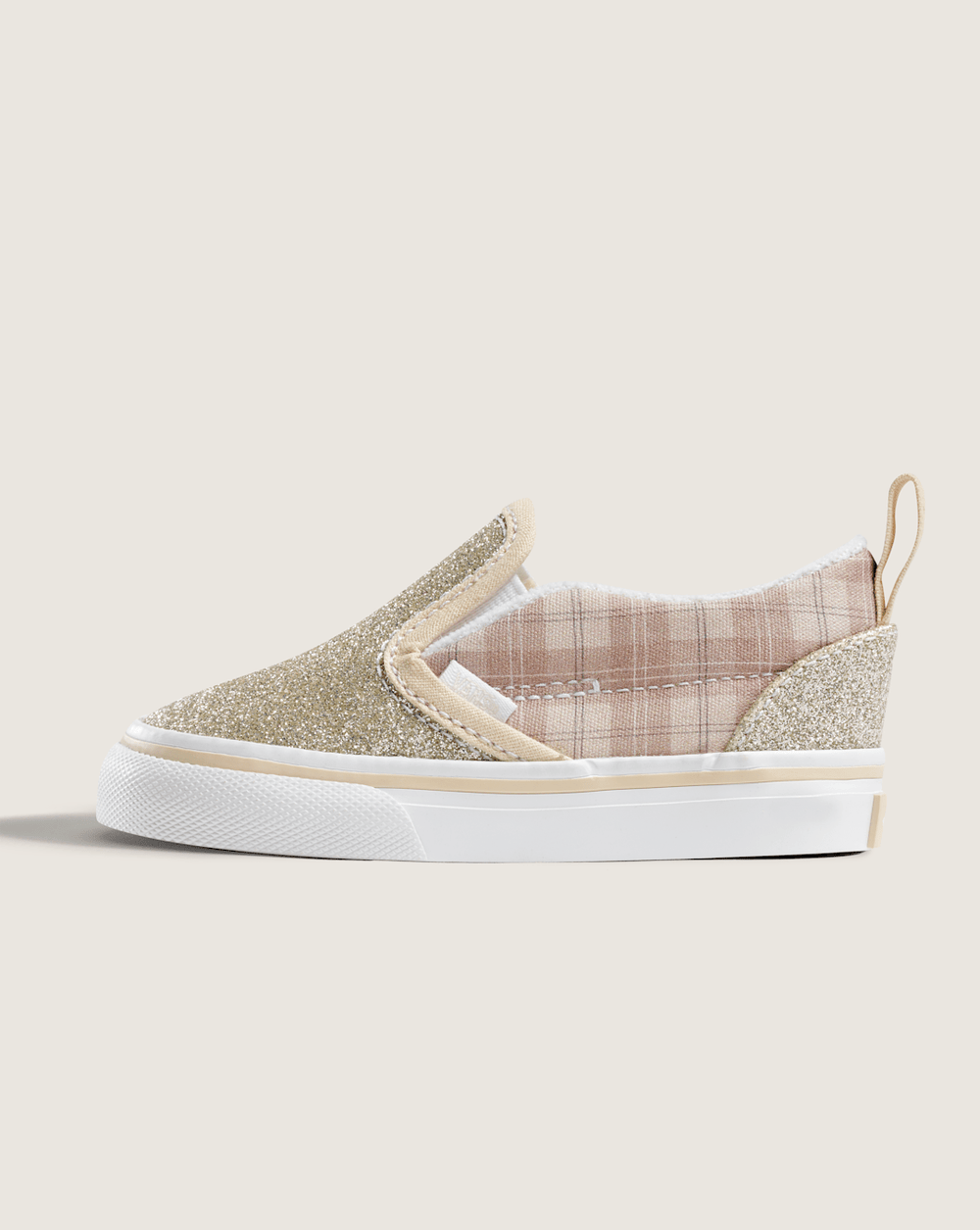 Kids|Sale Vans Toddler Classic Slip-On V Shoe in Glitter Plaid Incense Brown