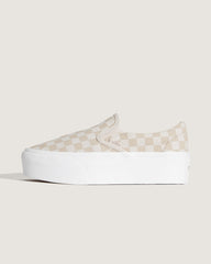 Women Vans Classic Slip-On Platform Checkerboard Shoe in Checkerboard Mushroom Brown / Marshmallow White