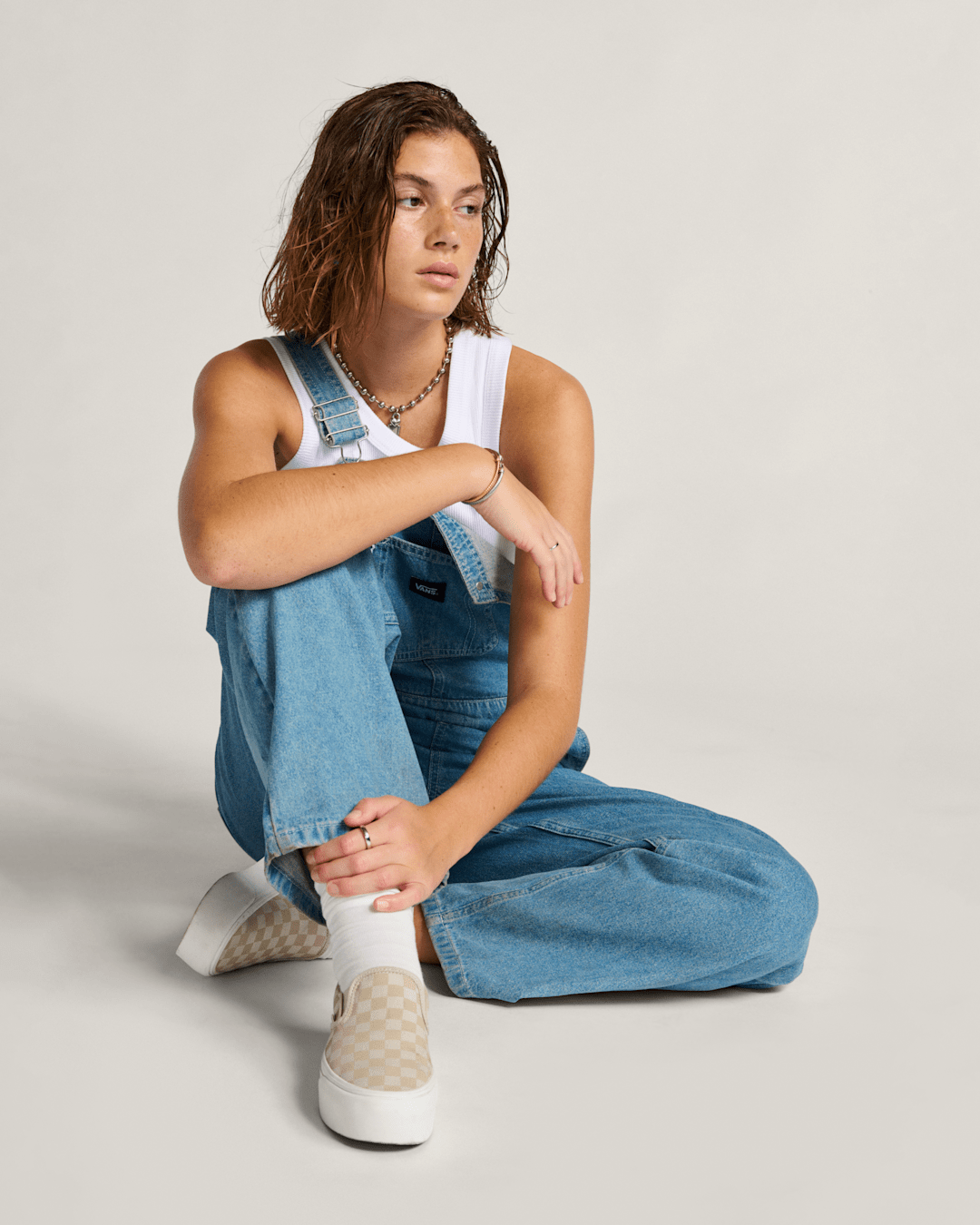 Women Vans Classic Slip-On Platform Checkerboard Shoe in Checkerboard Mushroom Brown / Marshmallow White