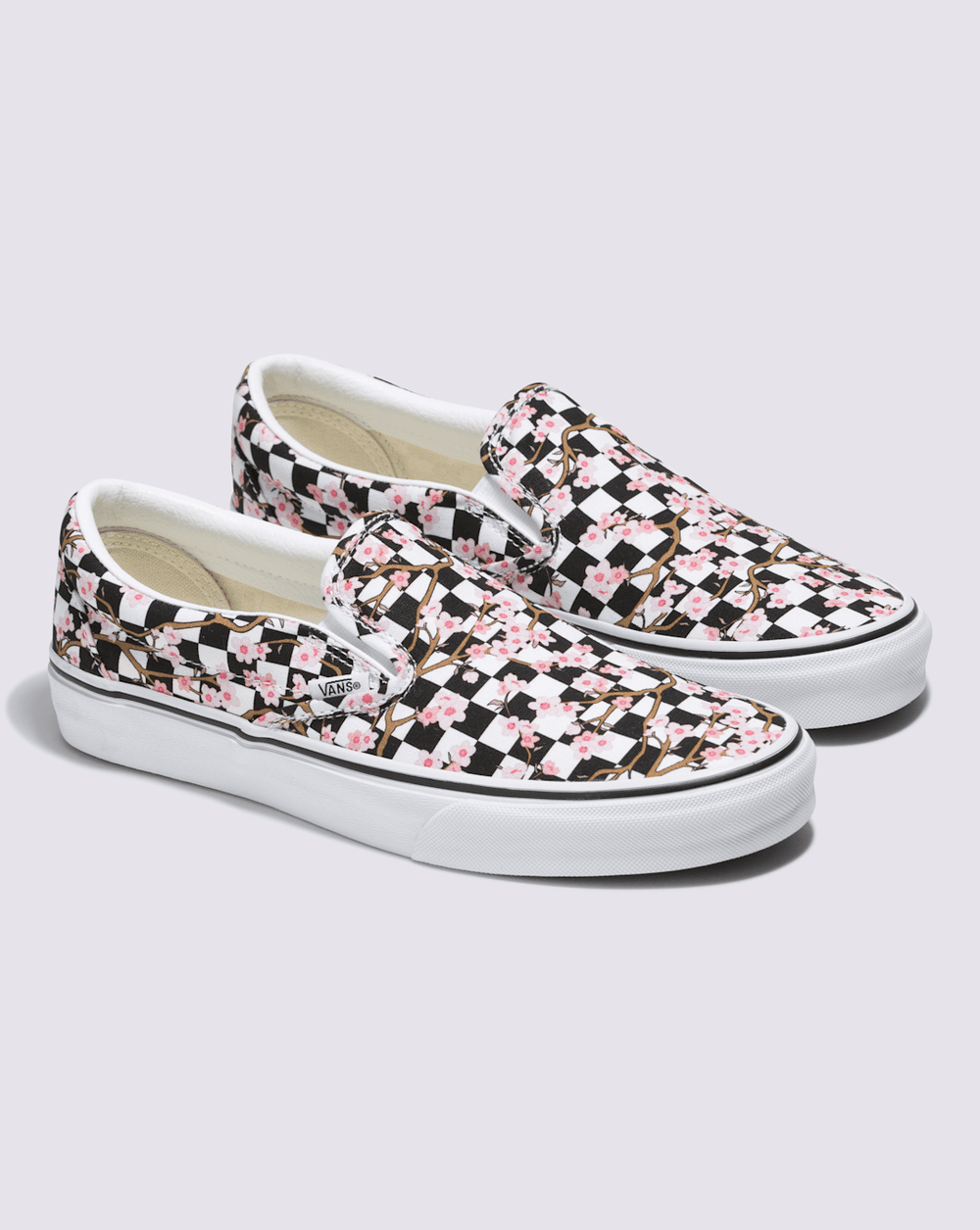Women Vans Customs Classic Slip-On Checkerboard Shoe in Cherry Blossom Pink / Black