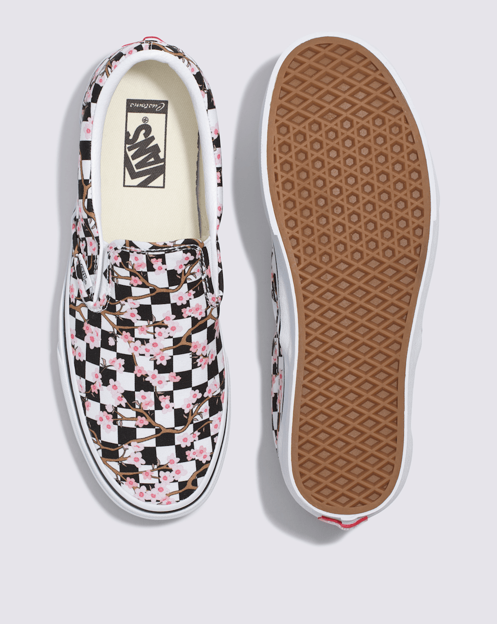Women Vans Customs Classic Slip-On Checkerboard Shoe in Cherry Blossom Pink / Black
