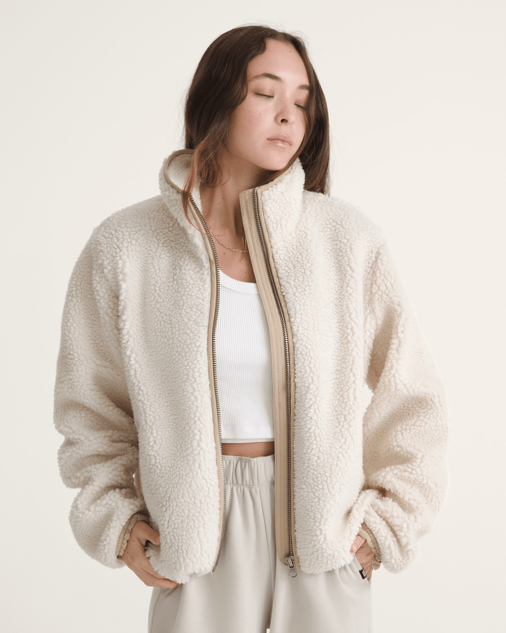 Women Vans Misty Fog High Pile Jacket in Egret Beige