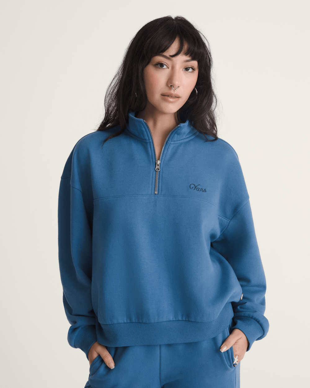 Women Vans Script Logo Mock Neck Sweatshirt in True Navy Blue