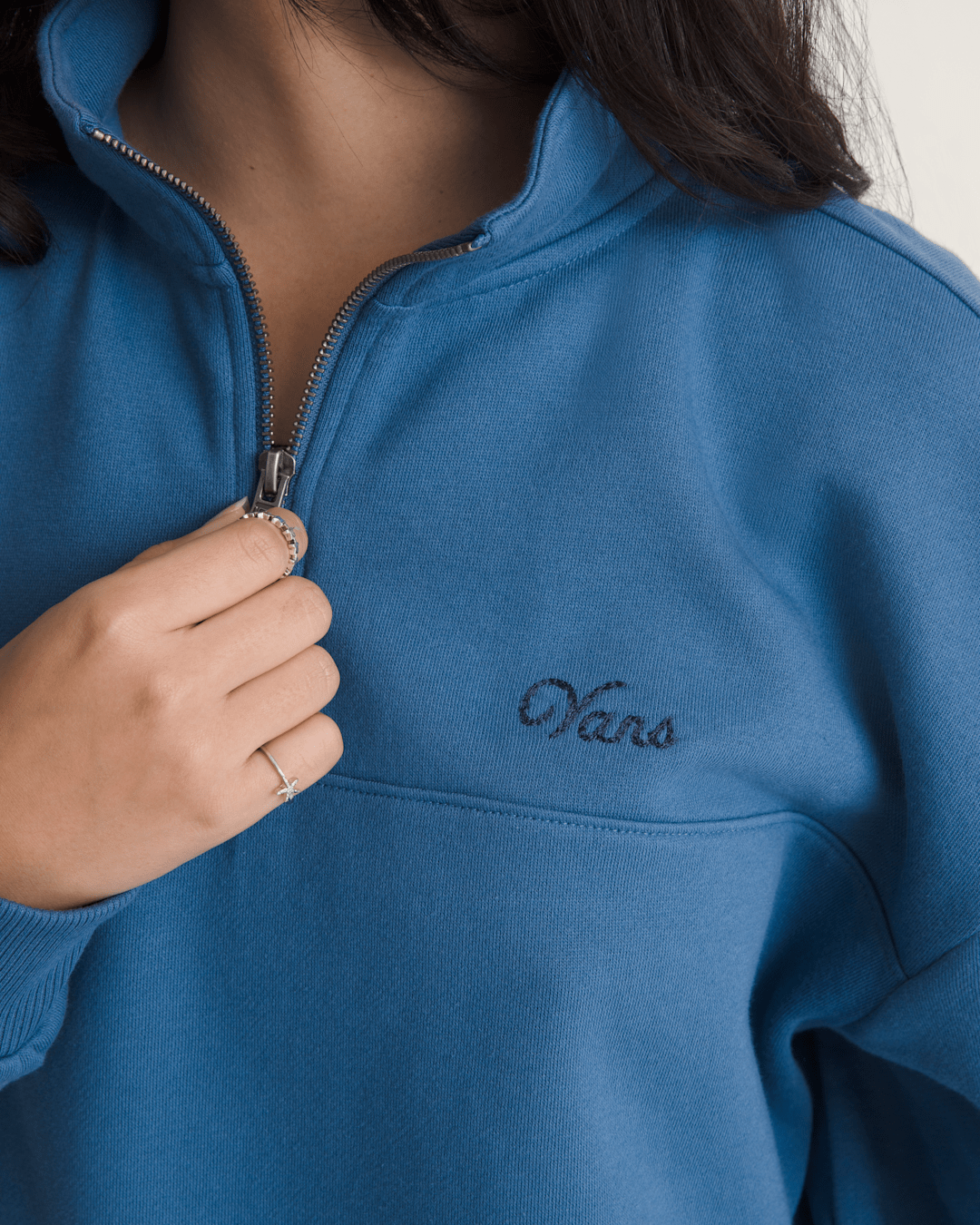 Women Vans Script Logo Mock Neck Sweatshirt in True Navy Blue