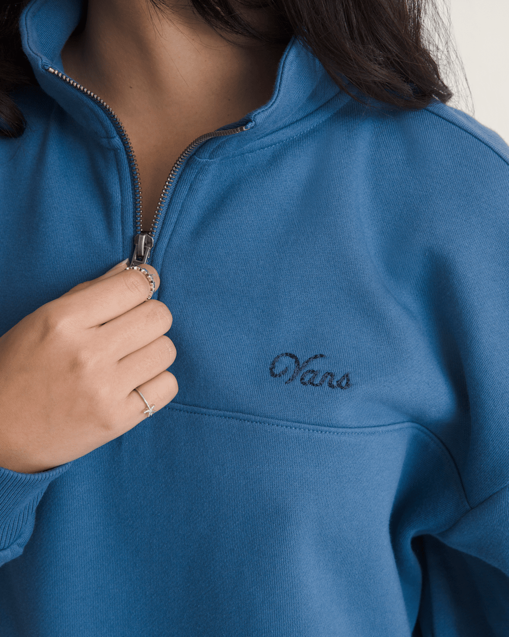 Women Vans Script Logo Mock Neck Sweatshirt in True Navy Blue