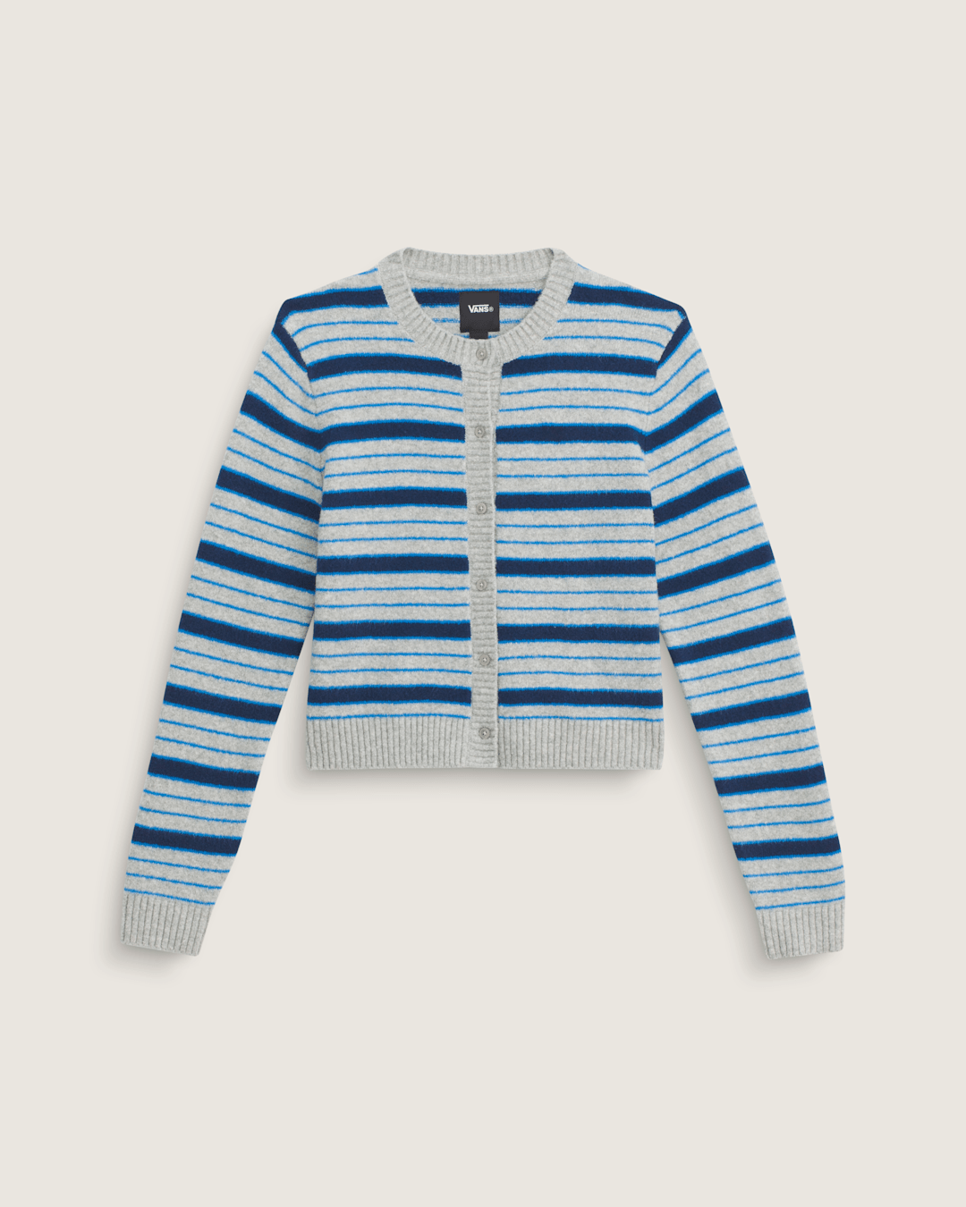 Women Vans Premium Dolly Stripe Cardigan Sweater in Cement Heather Grey / Bright Azure Blue