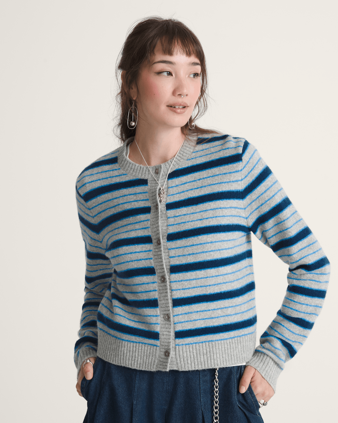 Women Vans Premium Dolly Stripe Cardigan Sweater in Cement Heather Grey / Bright Azure Blue