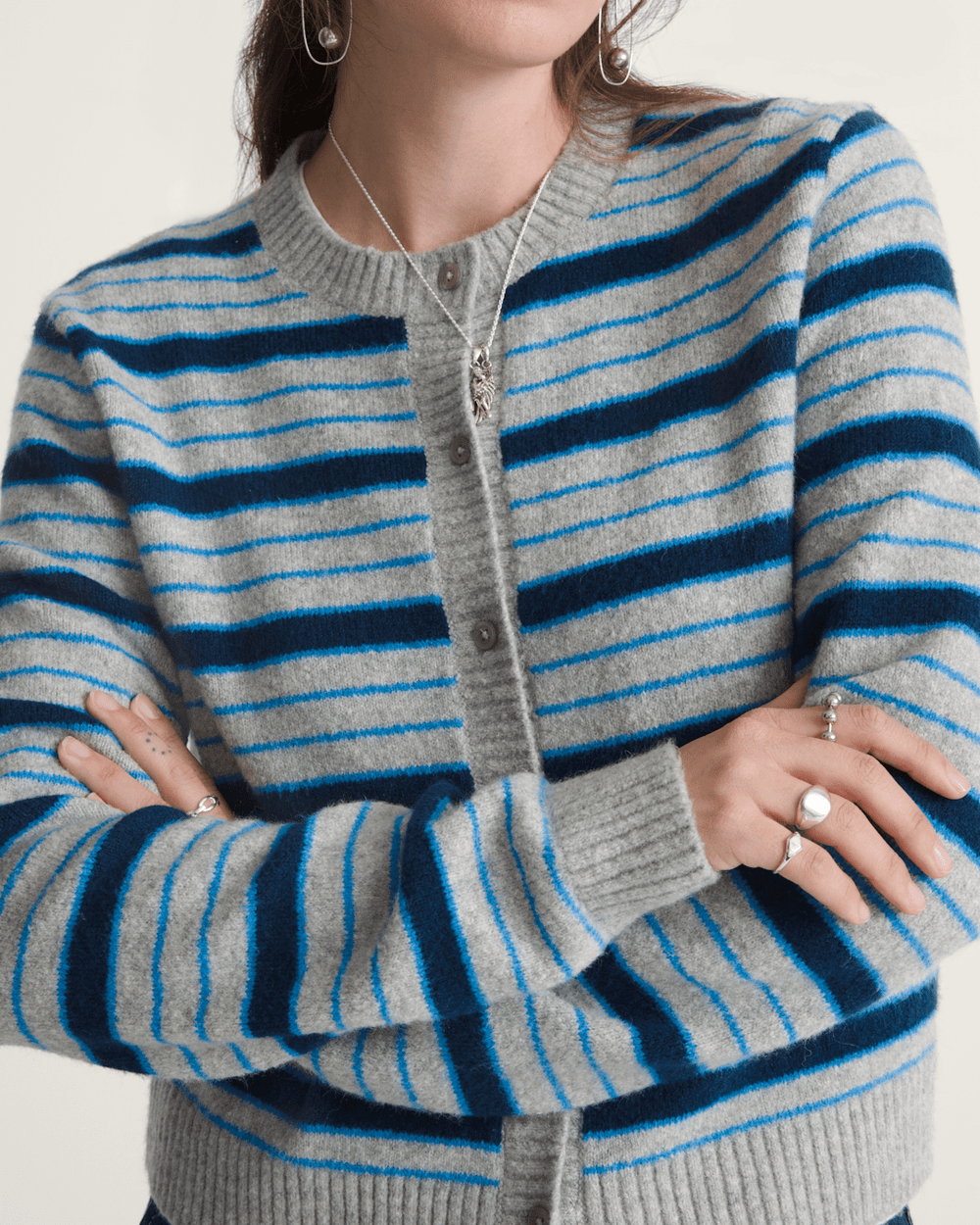 Women Vans Premium Dolly Stripe Cardigan Sweater in Cement Heather Grey / Bright Azure Blue