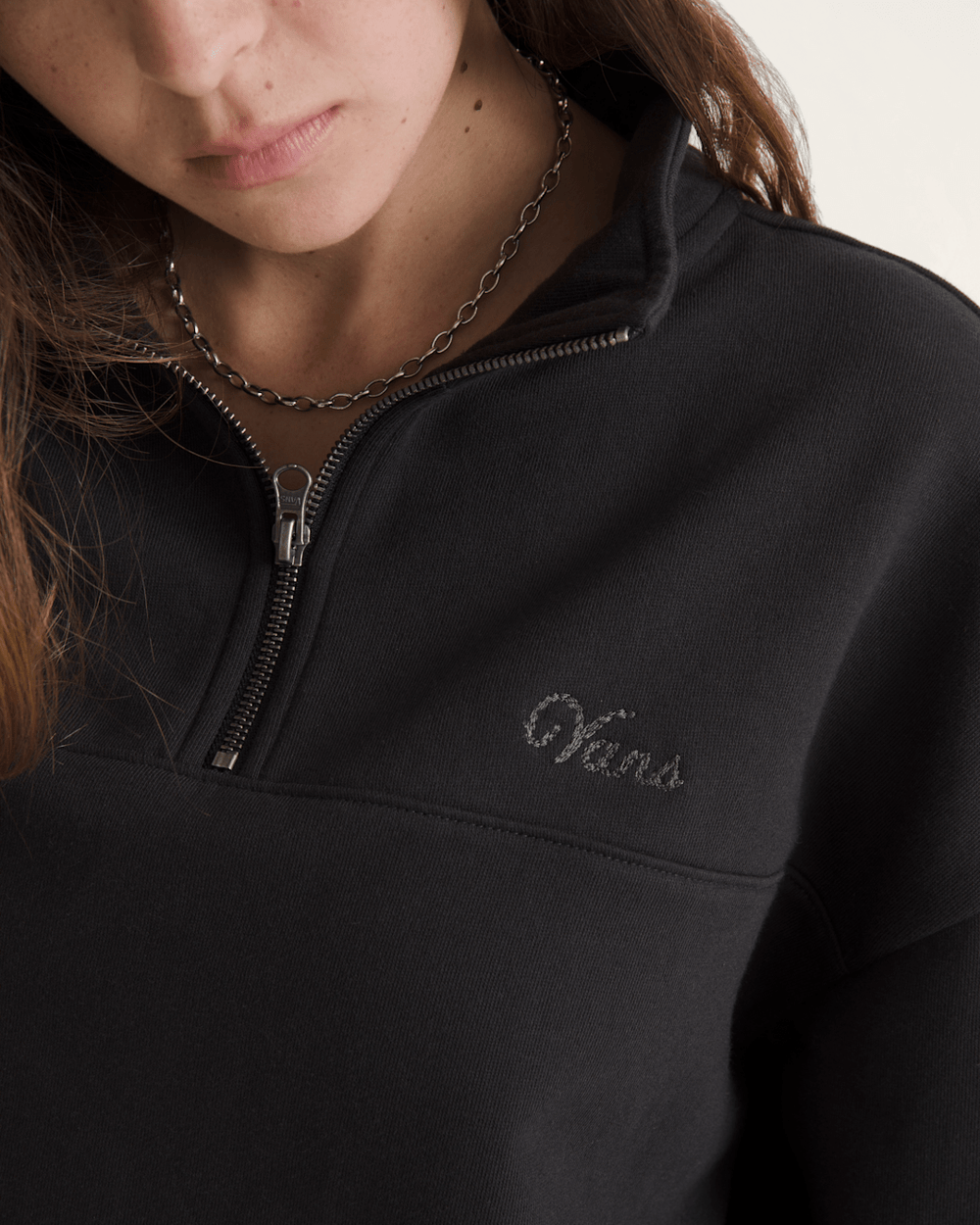 Women Vans Script Logo Mock Neck Sweatshirt in Black
