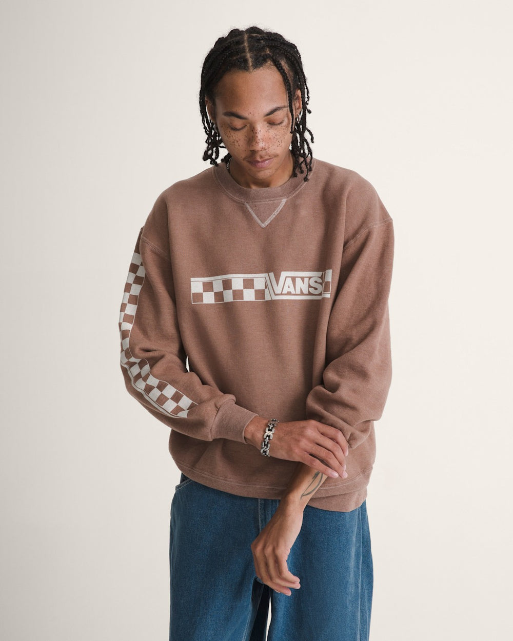 Women|Men Vans Waffle Shop Checkerboard Vans Style Crew Sweatshirt in Brown