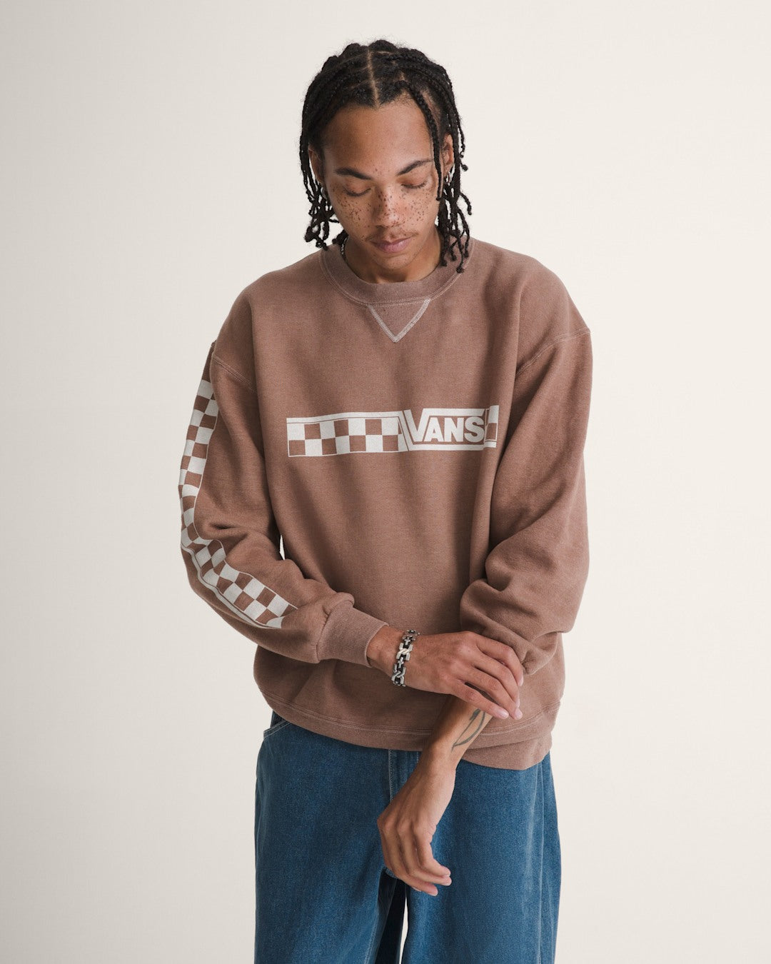 Women|Men Vans Waffle Shop Checkerboard Vans Style Crew Sweatshirt in Brown