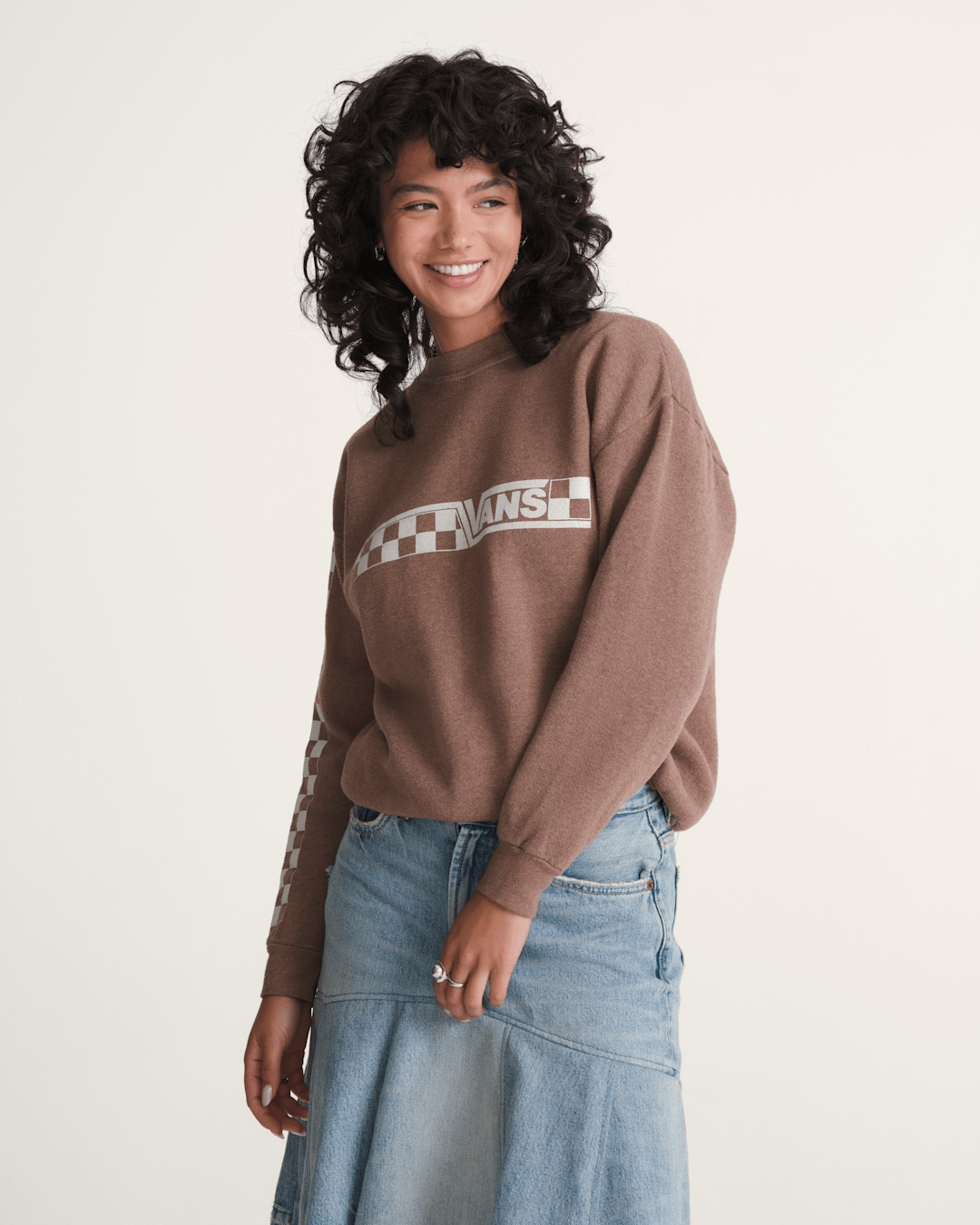 Women|Men Vans Waffle Shop Checkerboard Vans Style Crew Sweatshirt in Brown