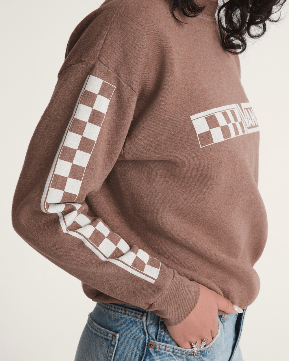 Women|Men Vans Waffle Shop Checkerboard Vans Style Crew Sweatshirt in Brown