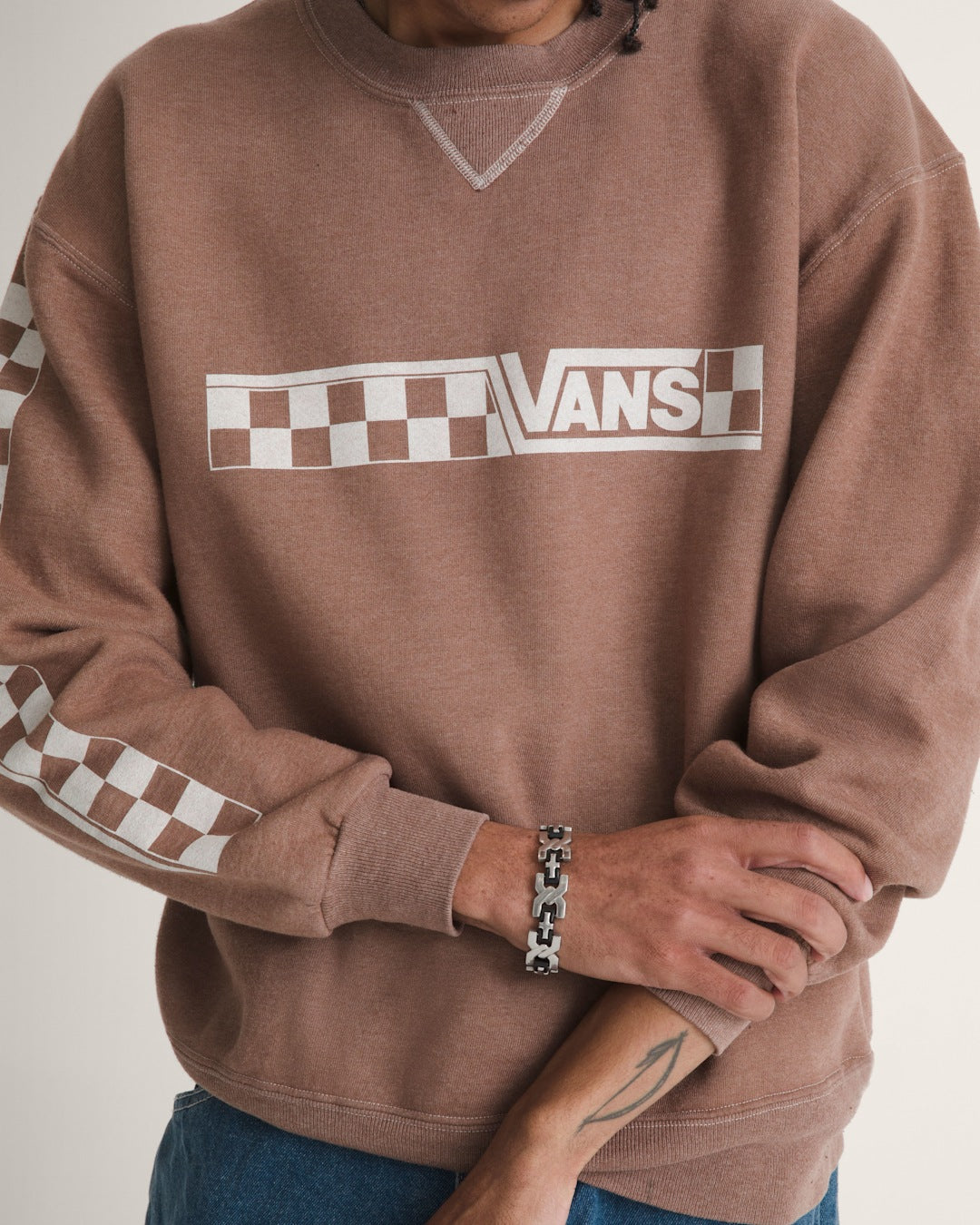 Women|Men Vans Waffle Shop Checkerboard Vans Style Crew Sweatshirt in Brown