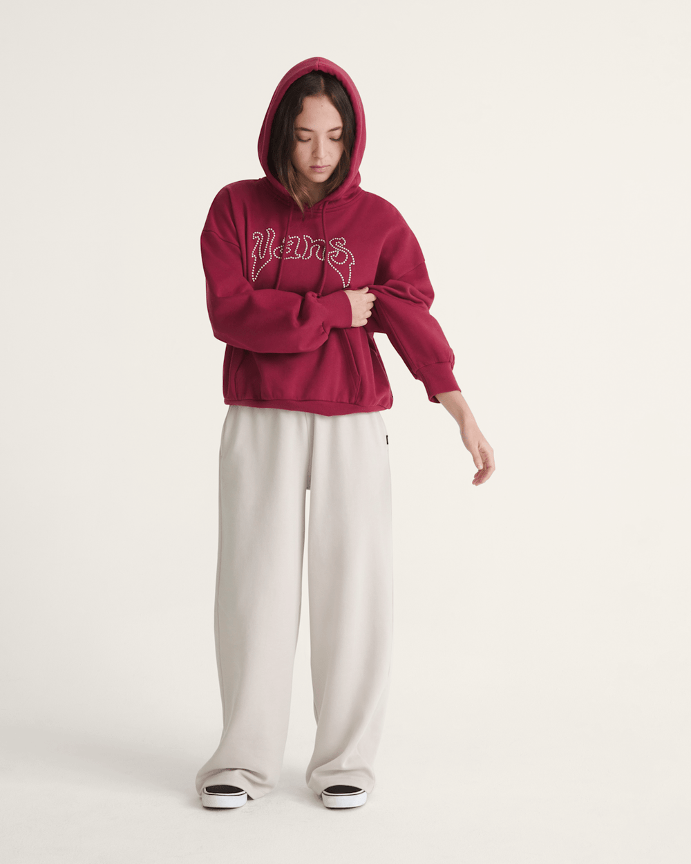 Women Vans Pearls Logo Retro Pullover Hoodie in Bordeaux Red