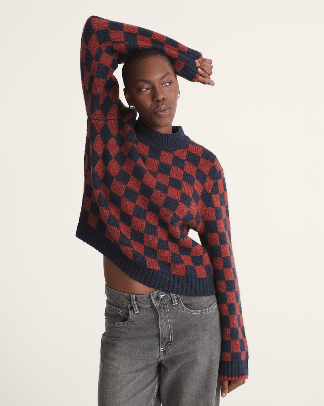 Women Vans Cameron Sweater in Checkerboard Blue / Red
