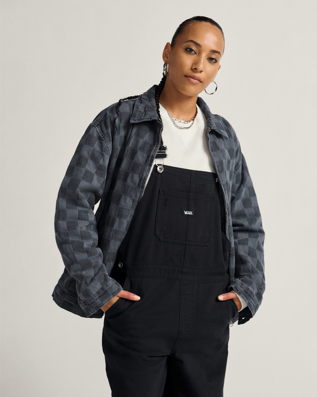 Women Vans Pitstop Checkered Station Denim Jacket in Checkerboard Faded Black