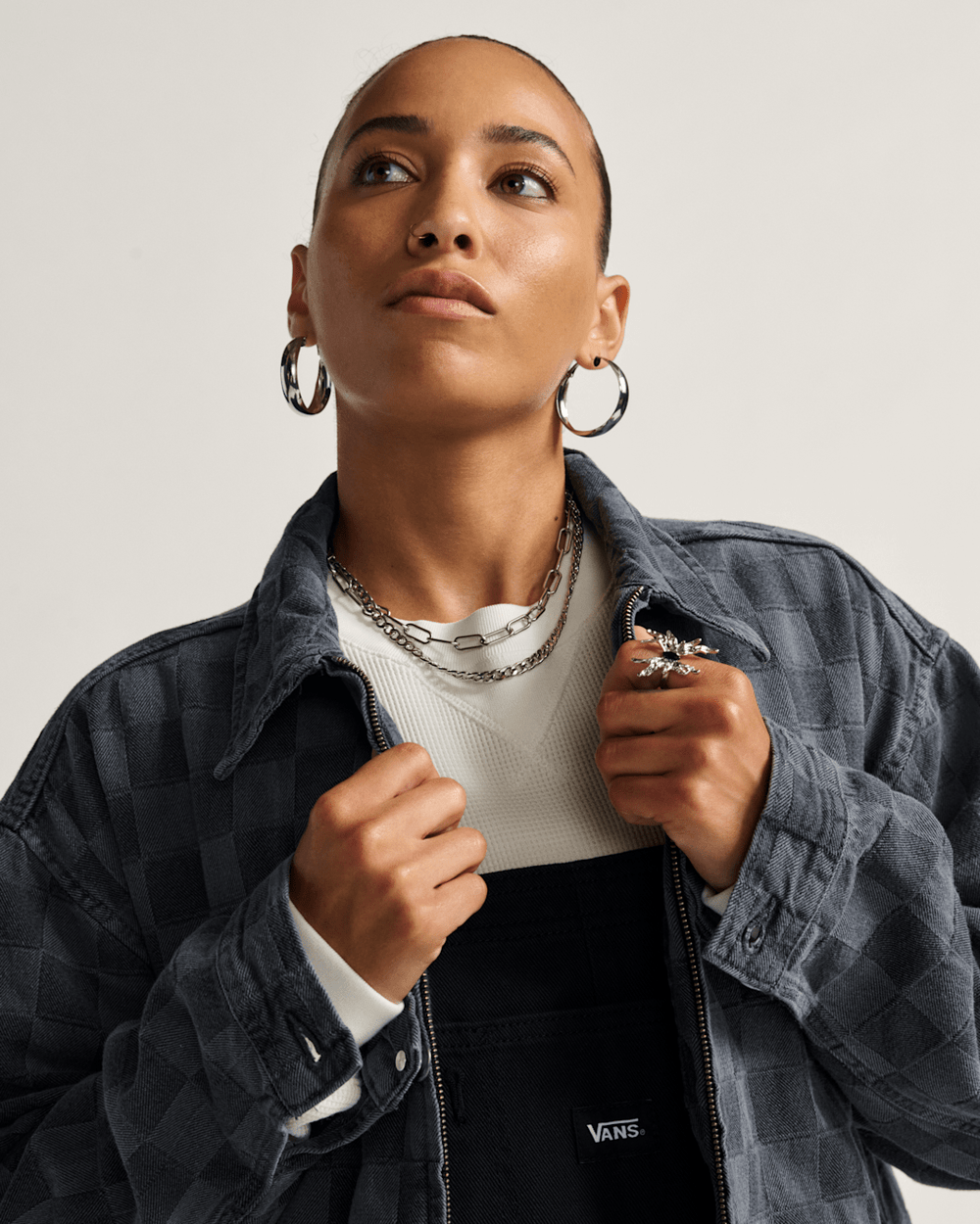 Women Vans Pitstop Checkered Station Denim Jacket in Checkerboard Faded Black