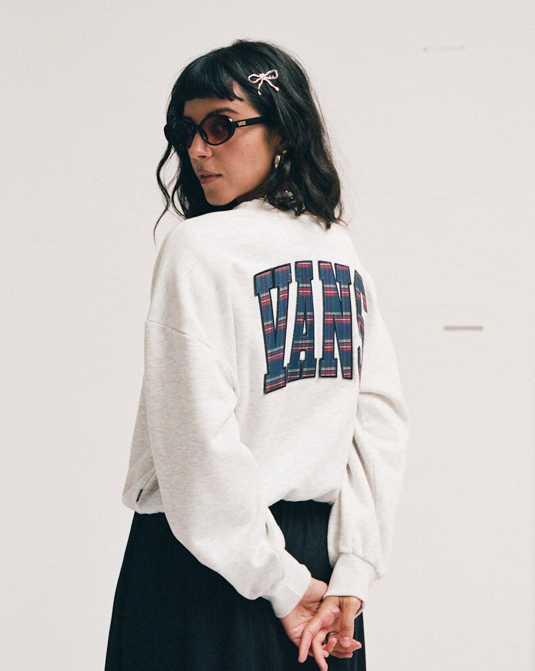Women Vans Tartan Up Retro Crew Sweatshirt in Heather White