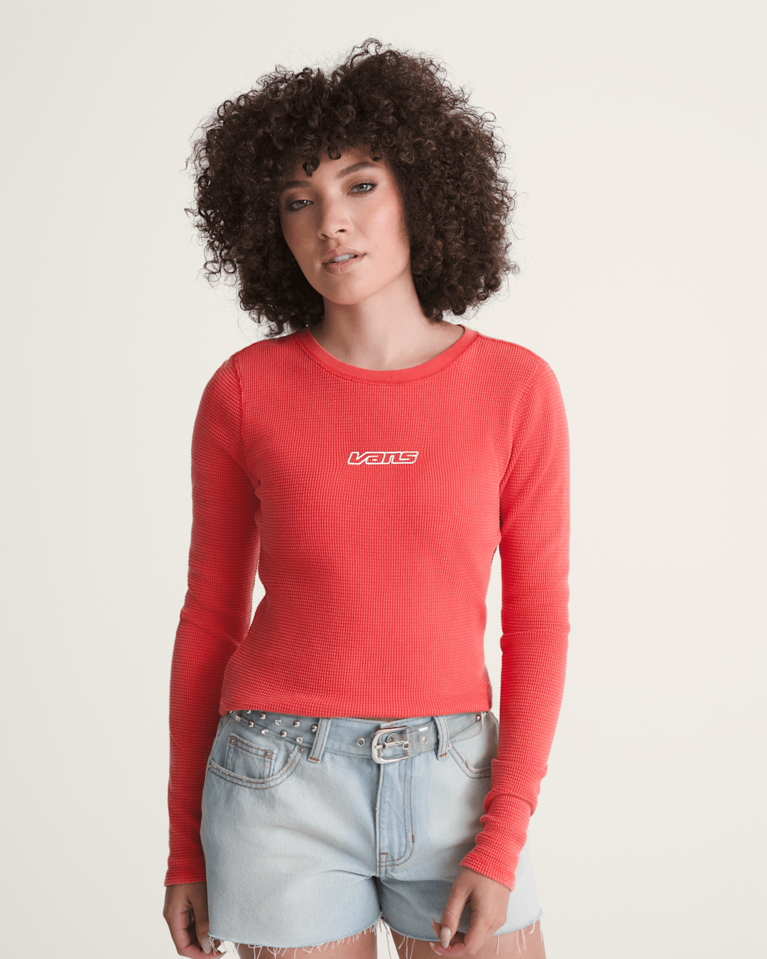 Women Vans Teri Waffle Long Sleeve Shirt in Crimson Haze Red