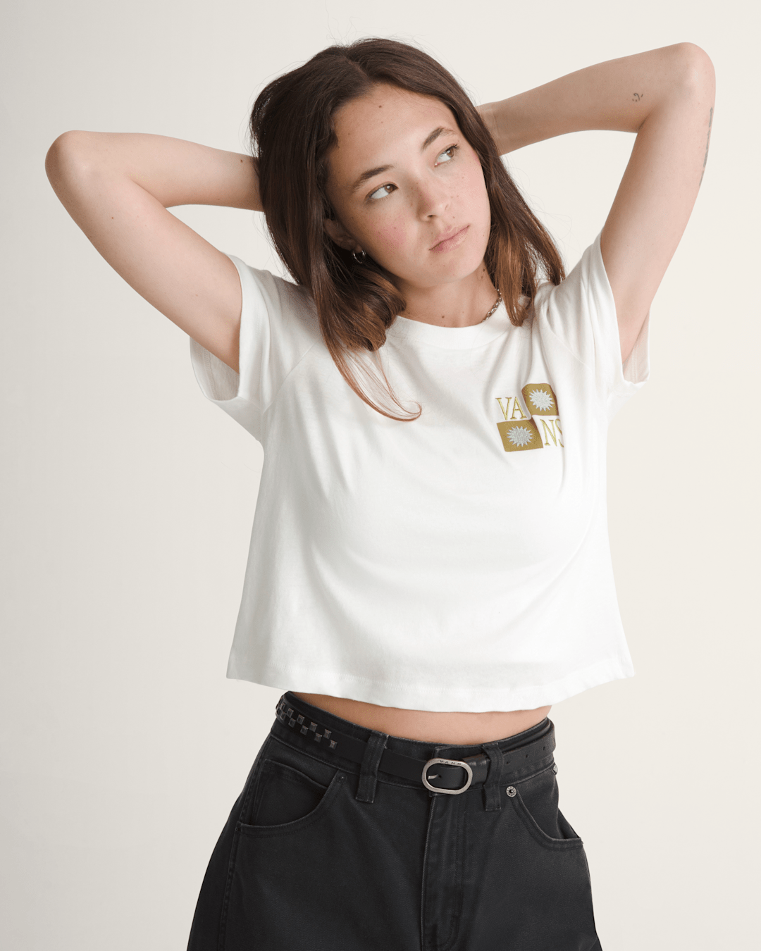 Women Vans Sunny Checkerboard Crop T-Shirt in Marshmallow White
