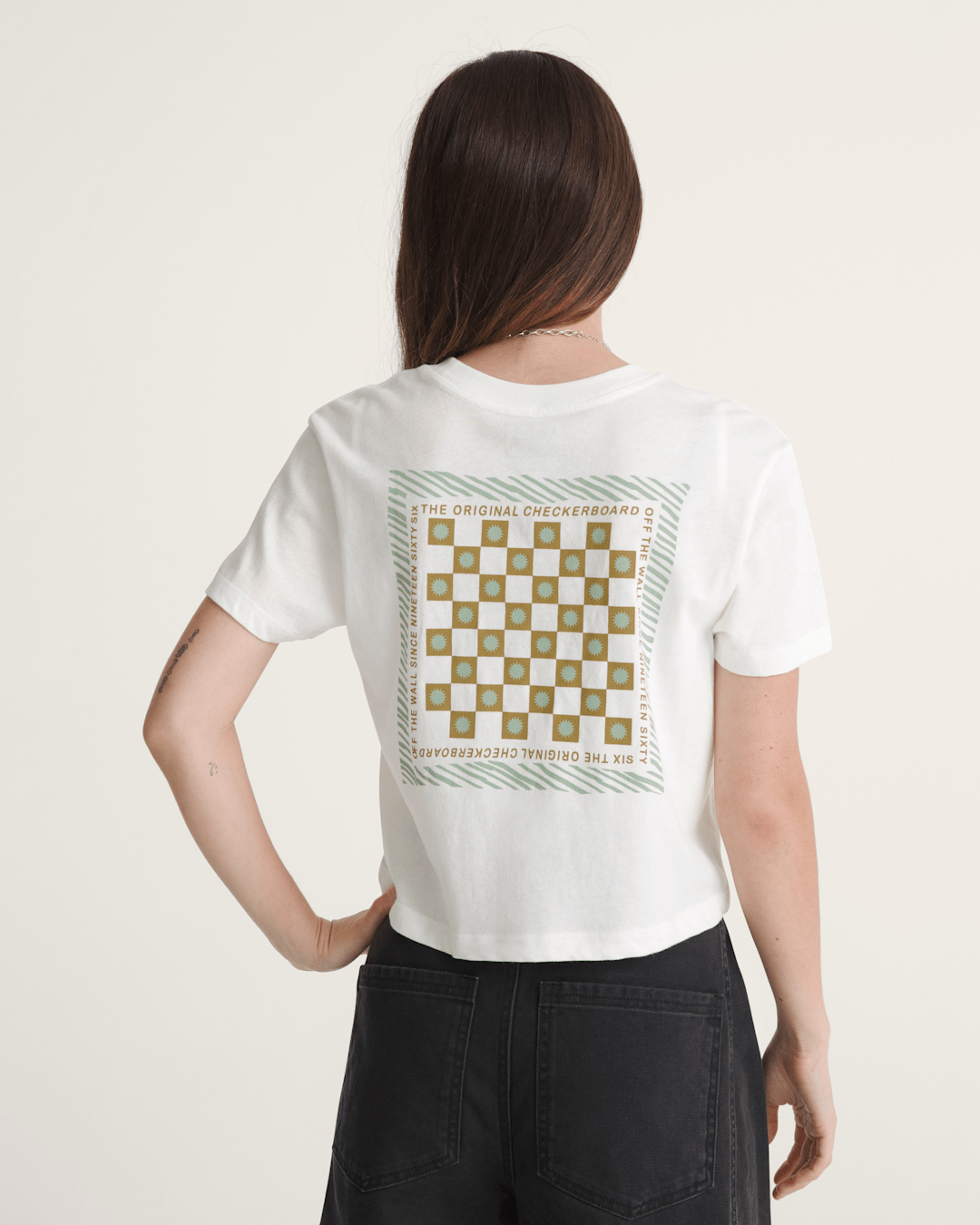 Women Vans Sunny Checkerboard Crop T-Shirt in Marshmallow White