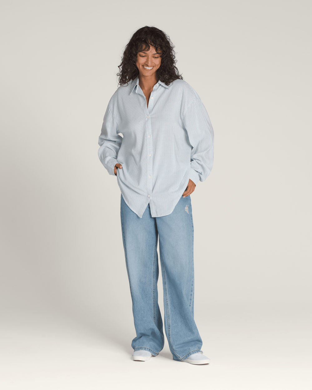 Women Vans Gillian Striped Button Up Shirt in White / Crystal Blue