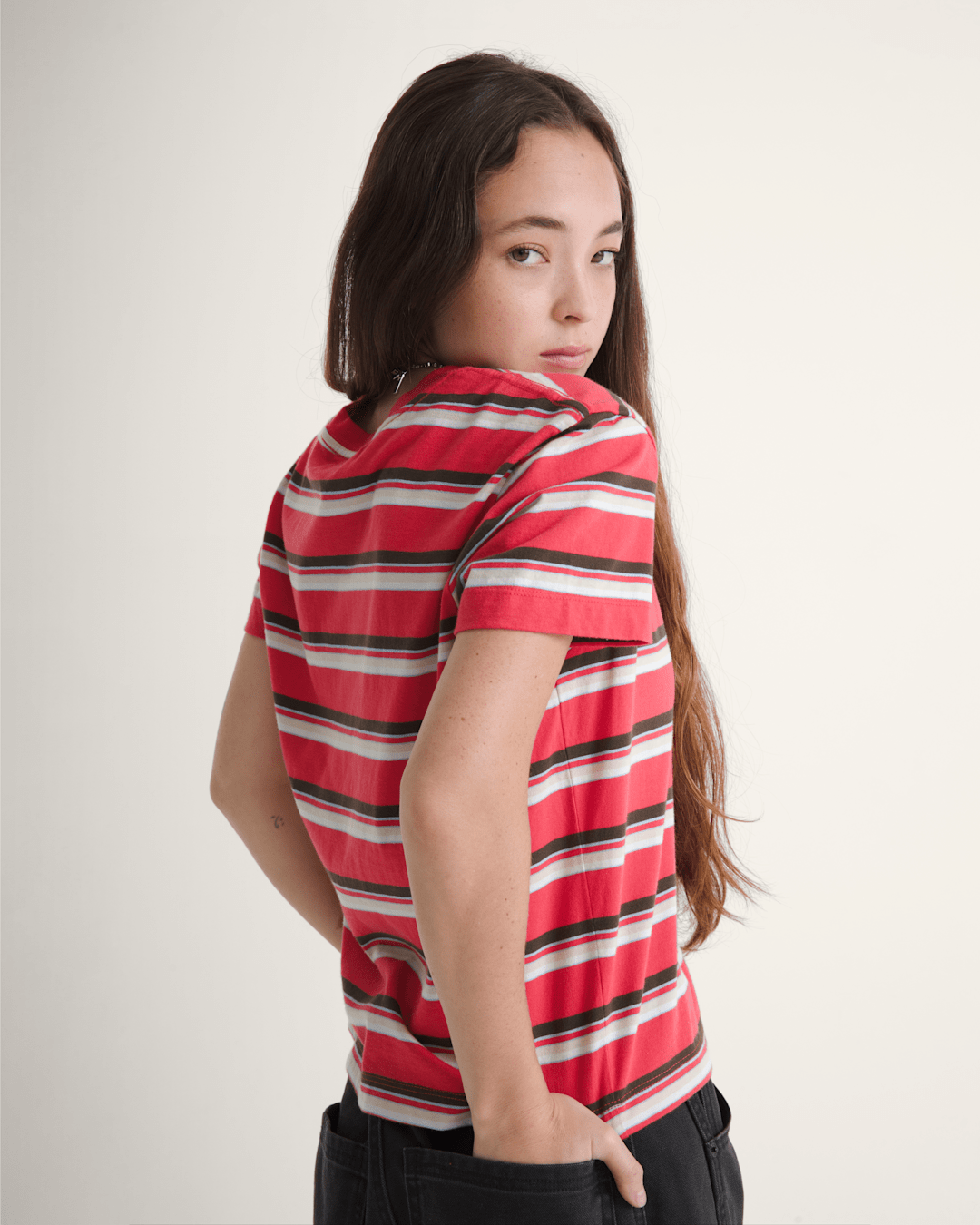 Women Vans Salton Stripe T-Shirt in Crimson Haze Red