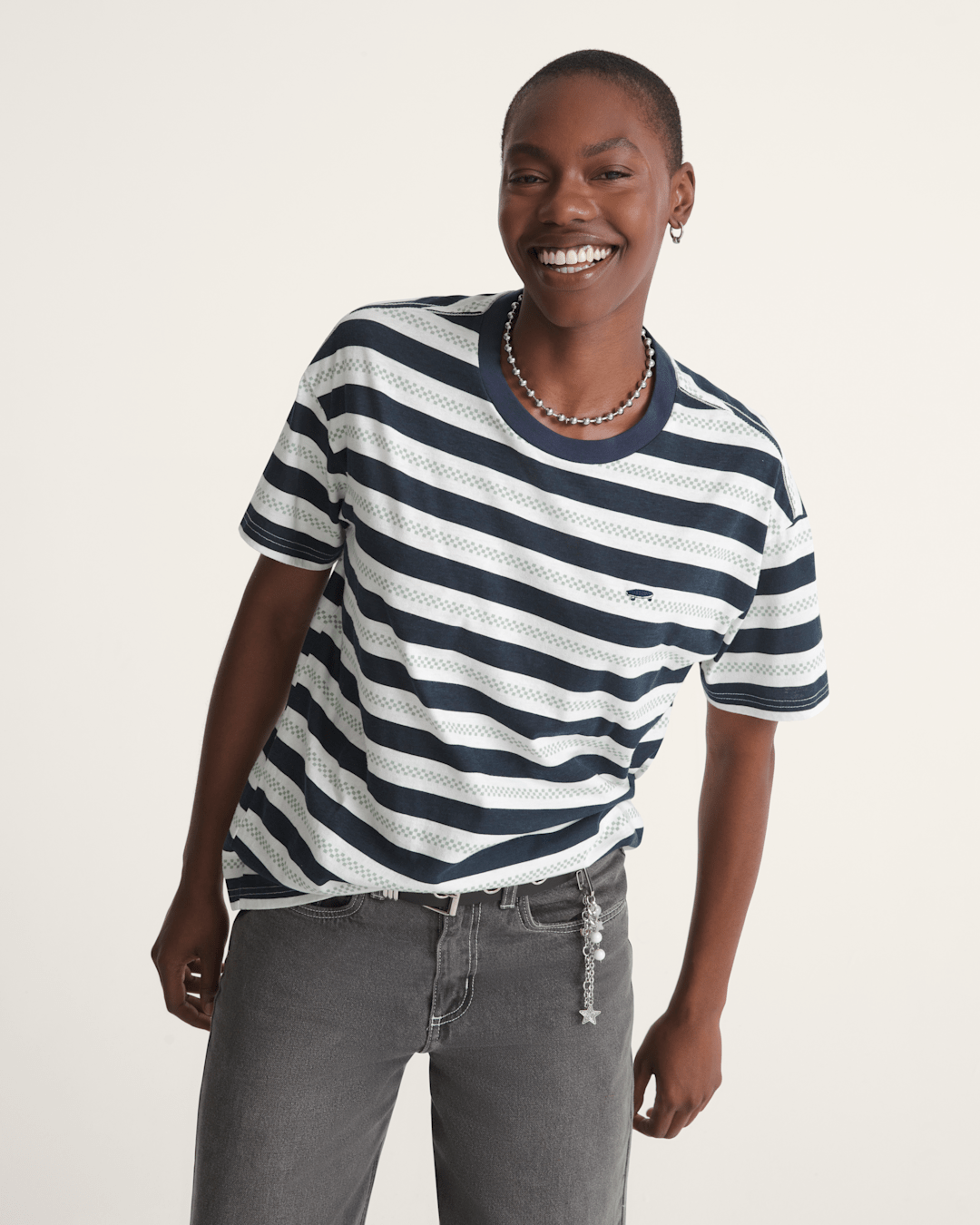 Women Vans Salton Stripe Checkerboard T-Shirt in Checkerboard Marshmallow White / Navy Blue