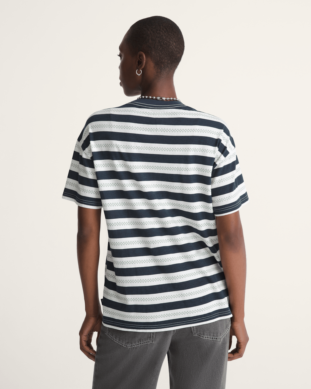 Women Vans Salton Stripe Checkerboard T-Shirt in Checkerboard Marshmallow White / Navy Blue