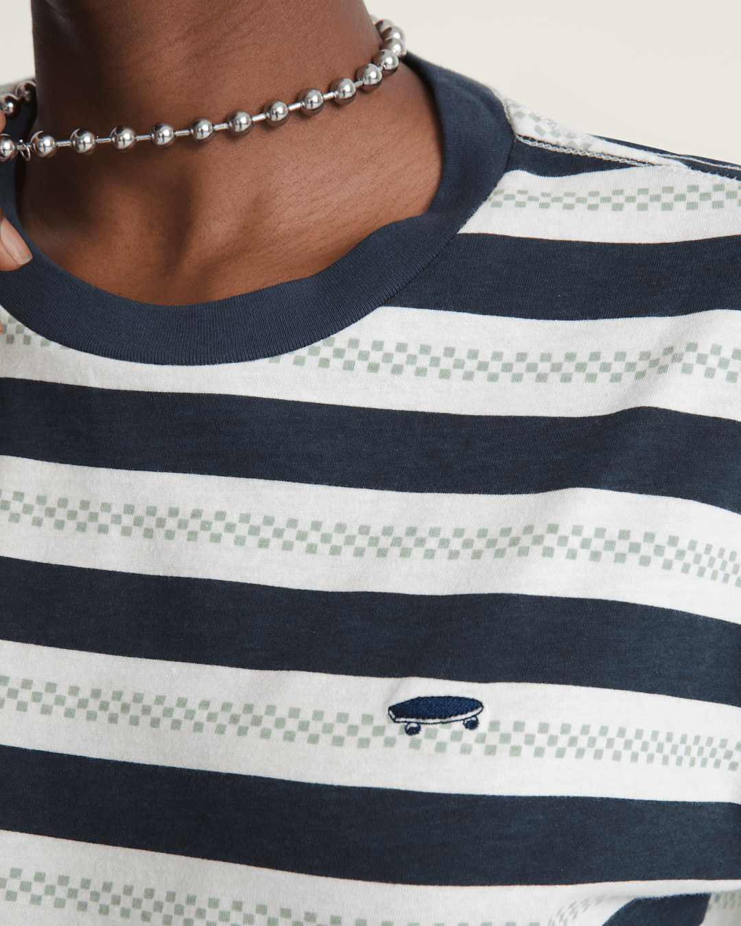 Women Vans Salton Stripe Checkerboard T-Shirt in Checkerboard Marshmallow White / Navy Blue