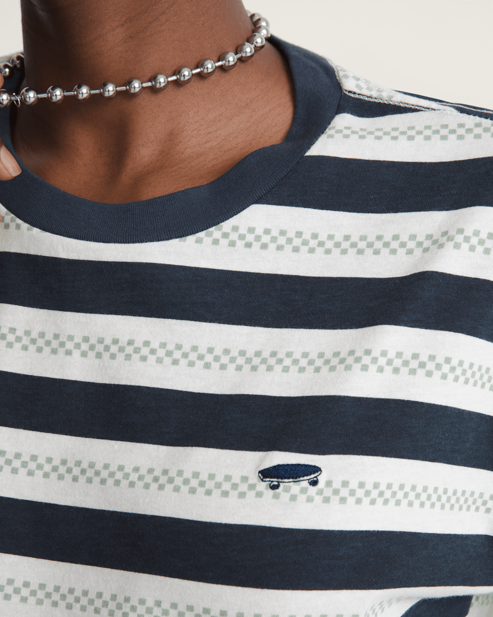 Women Vans Salton Stripe Checkerboard T-Shirt in Checkerboard Marshmallow White / Navy Blue