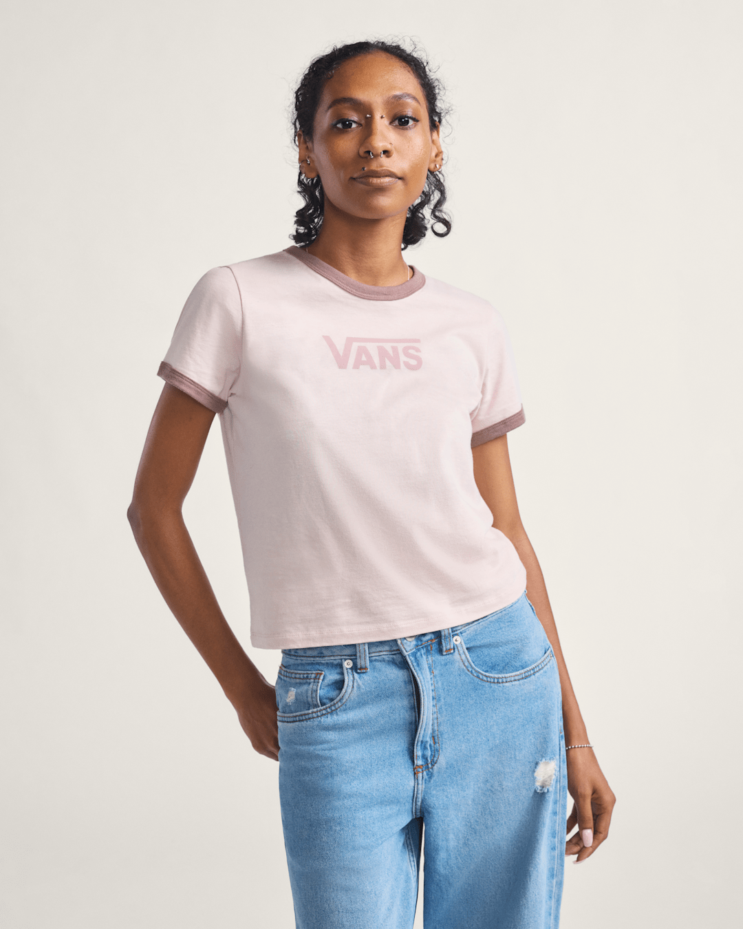 Women Vans Drop V Ringer T-Shirt in Sepia Rose Pink