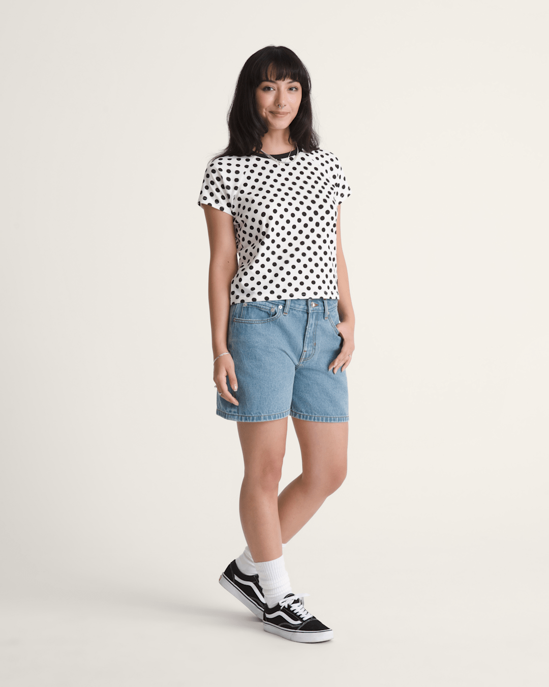 Women Vans Check-5 Mid Rise Shorts in Stonewash Blue