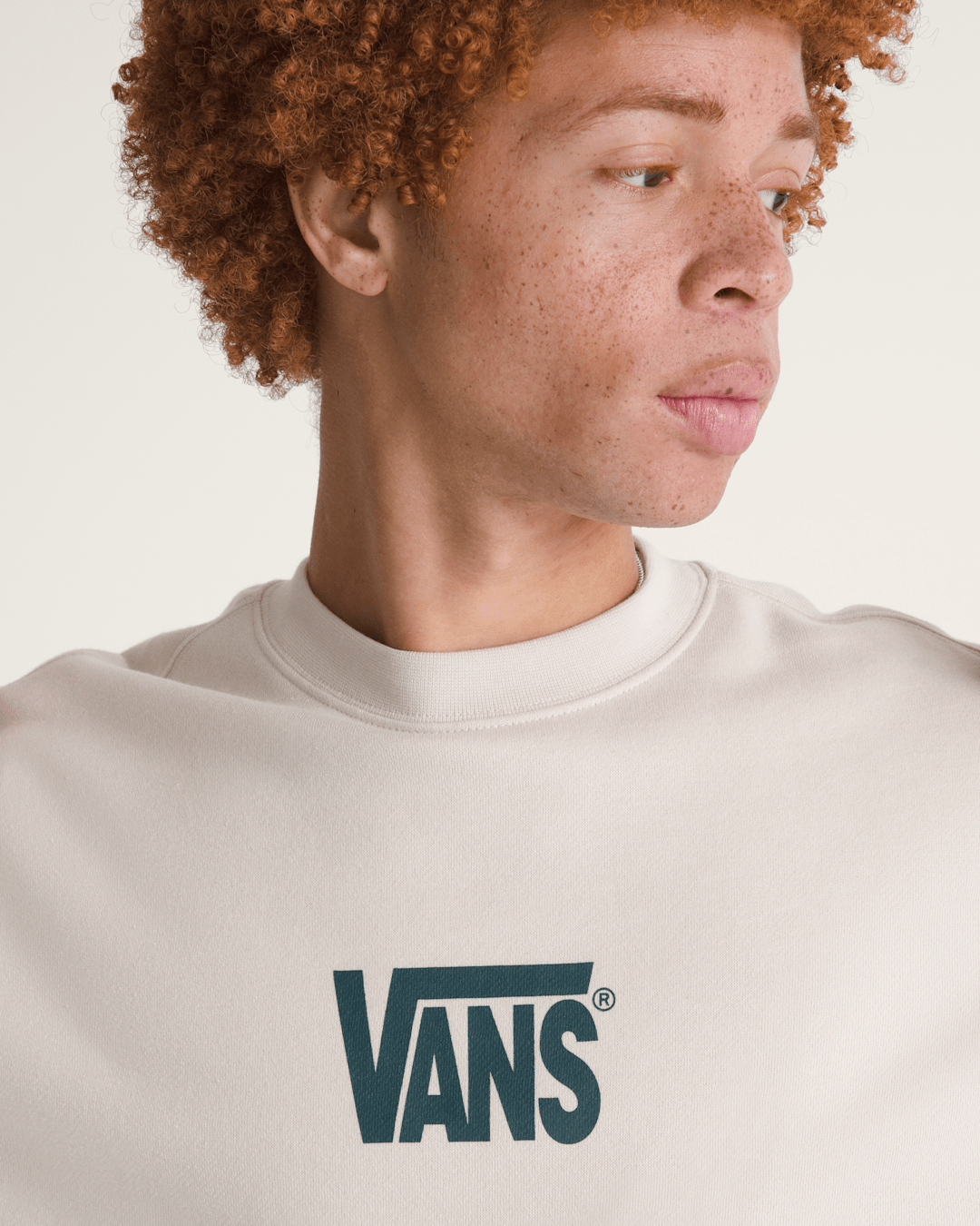 Men Vans Stretch Logo Crew Sweatshirt in Oatmeal Beige