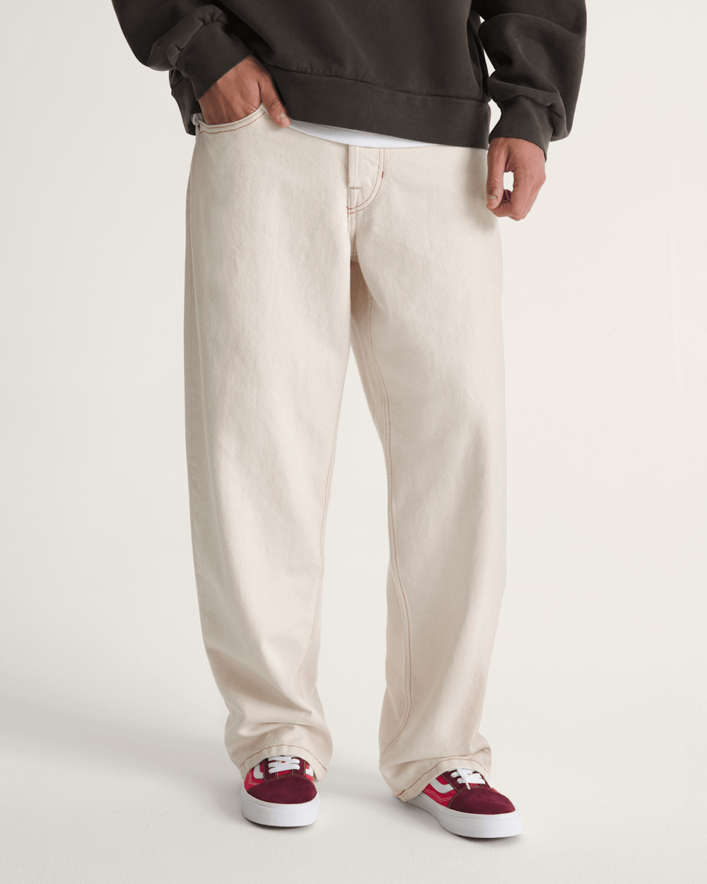 Men Vans Premium Check-5 Loose Denim Pants in Natural Seed Beige