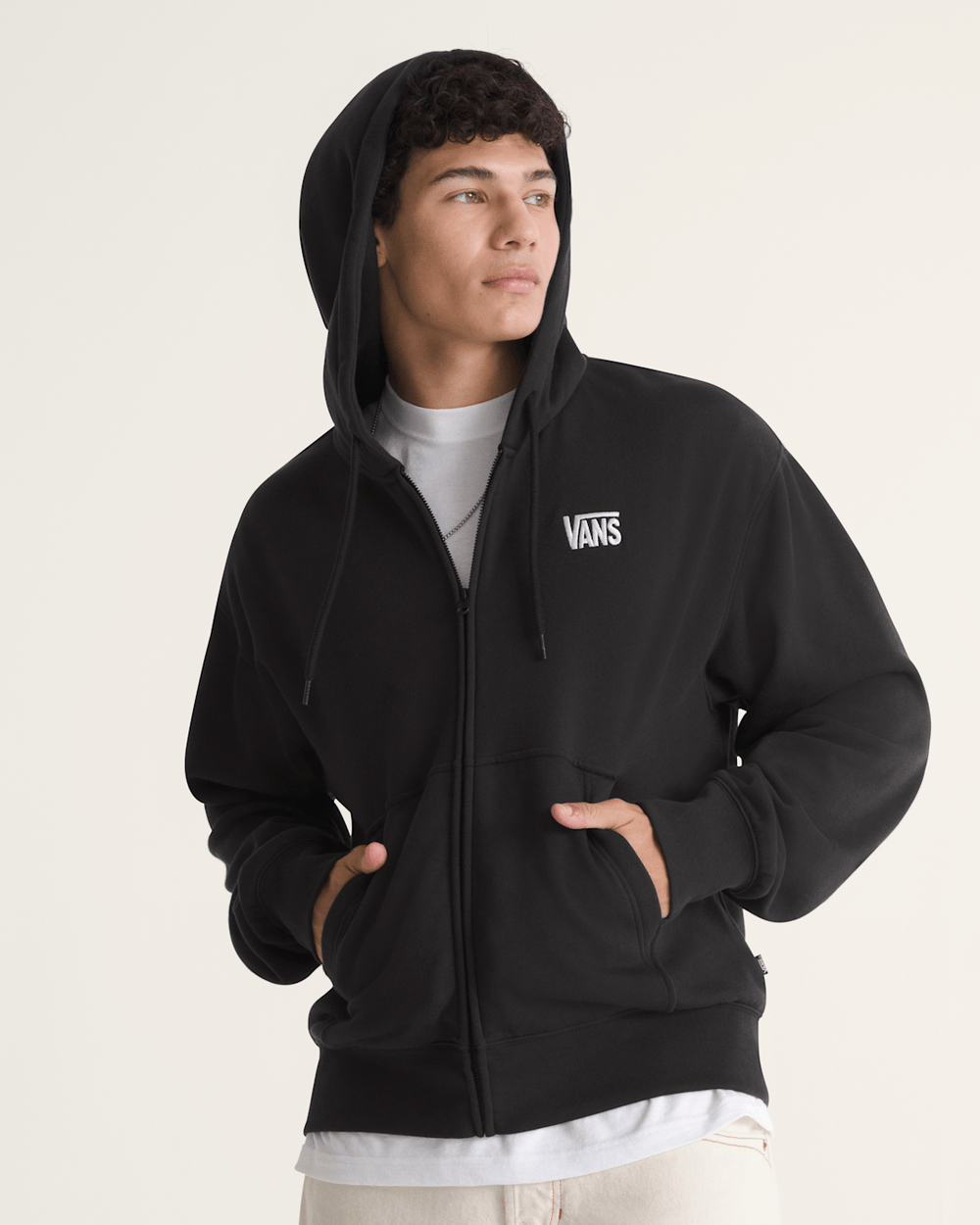 Men Vans Stretch Logo Zip Hoodie in Black / White