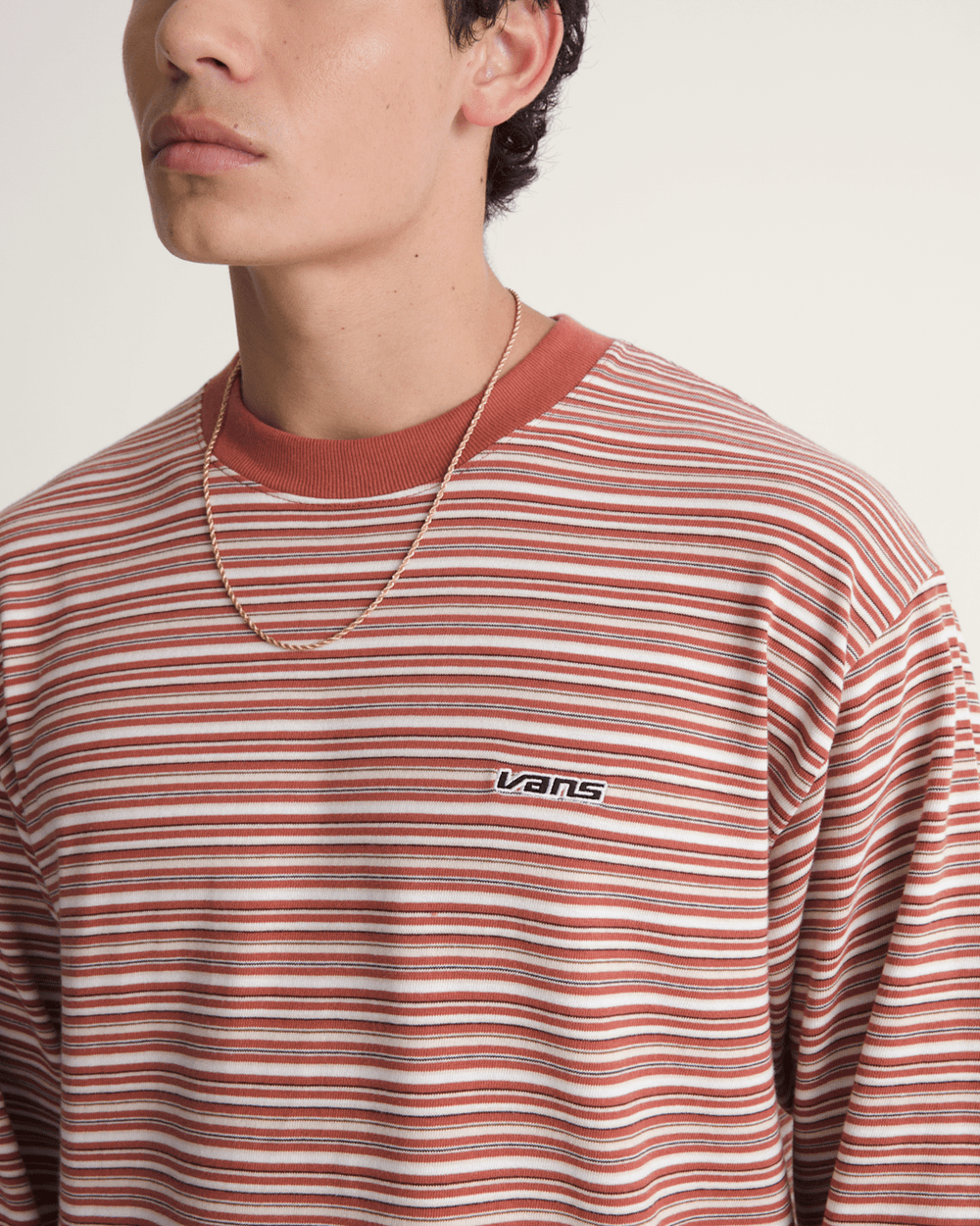 Men Vans Wesley Stripe Long Sleeve Knit Shirt in Light Bronze Brown